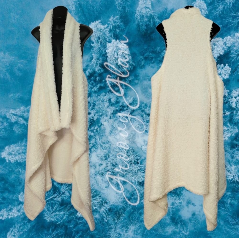 GROOVY GLAM White Plush Handmade Long Waterfall Vest Teddy Faux Shearling